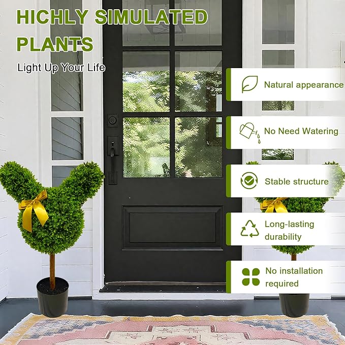 2 Pcs Artificial Bunny Shaped Topiary Trees, Artificial Green Boxwood Bunny Decorations with Gold Bow, Perfect for Indoor & Outdoor Front Porch, Easter& Garden Decor (Bunny Shaped Topiary Tree)-Ruum Studio Home