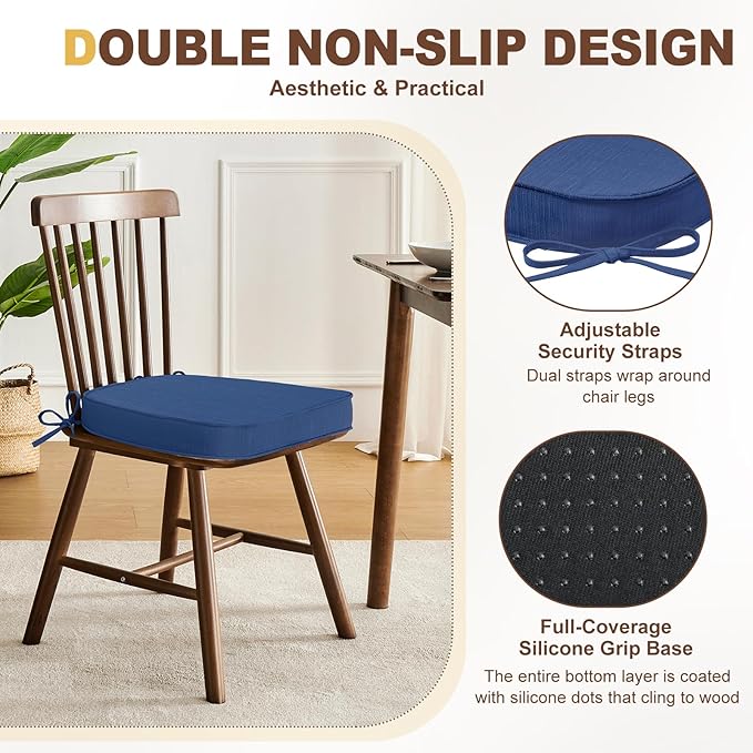 downluxe Chair Cushions for Dining Chairs, Waterproof Kitchen Chair Pads, Non-Slip Dining Seat Cushion with Ties, 17" x 16" x 2.5", Blue, 6 Pack-Ruum Studio Home