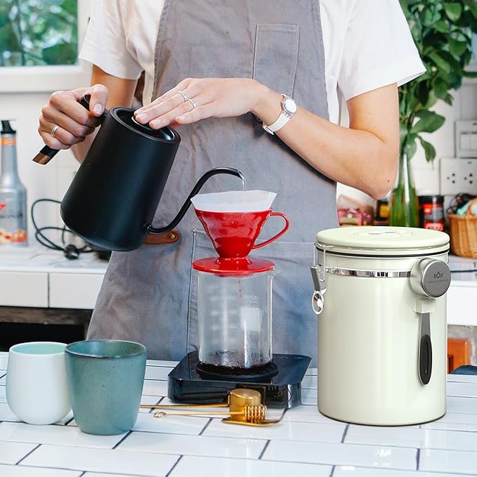 35OZ Coffee Canister for ground coffee with Date Tracker,beige 304 Stainless Steel Kitchen Food Airtight storage container for Coffee Beans or Grounds, Tea, Sugar-Ruum Studio Home
