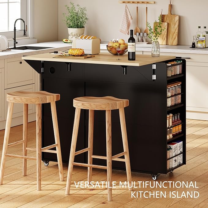 Kitchen Island with Drop Leaf & Power Outlet, Rolling Kitchen Island on Wheels with Trash Can Storage, Island Table Bar Cart with Spice Rack, Towel Rack, Drawers, Mobile Kitchen Carts on Wheels-Ruum Studio Home