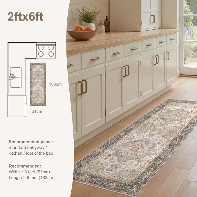 Washable 2x6 Runner Rug - Area Rugs Neutral Vintage Distressed Floral Farmhouse Boho Large Soft Floor Rug Indoor Carpet for Hallway Entryway Bedroom Kitchen - Forest Green Orange-Ruum Studio Home