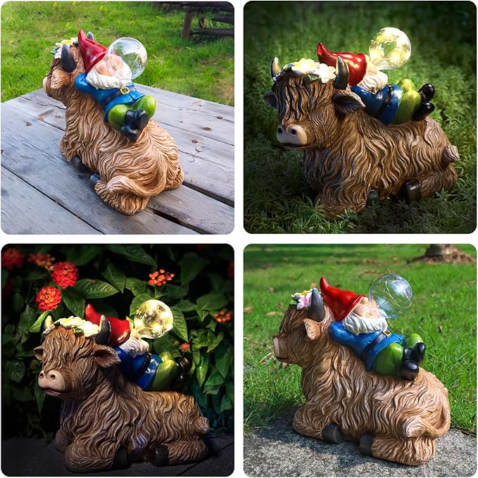 Solar Highland Cow Gnome Garden Decor Statue, Outdoor Funny Solar Light Decoration for Yard, Patio, Lawn, Unique Housewarming, Birthday Gift for Women, Mom, Grandma-Ruum Studio Home