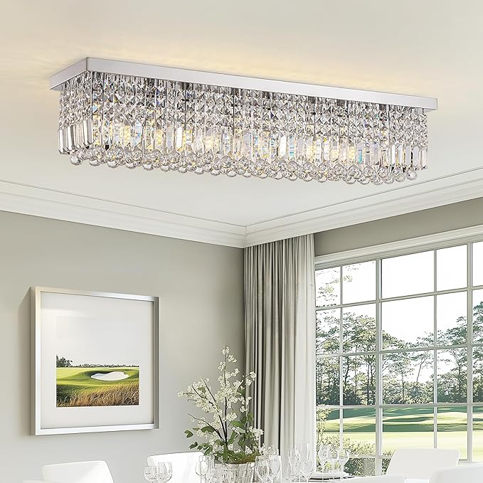 Modern Crystal Chandelier, 8-Lights Rectangle Chandelier Rectangular Flush Mount Pendant Ceiling Light Fixture K9 Crystal Raindrop Chandeliers for Dining Living Room Kitchen Island 𝐋𝟒𝟎 𝐈𝐧𝐜𝐡-Ruum Studio Home