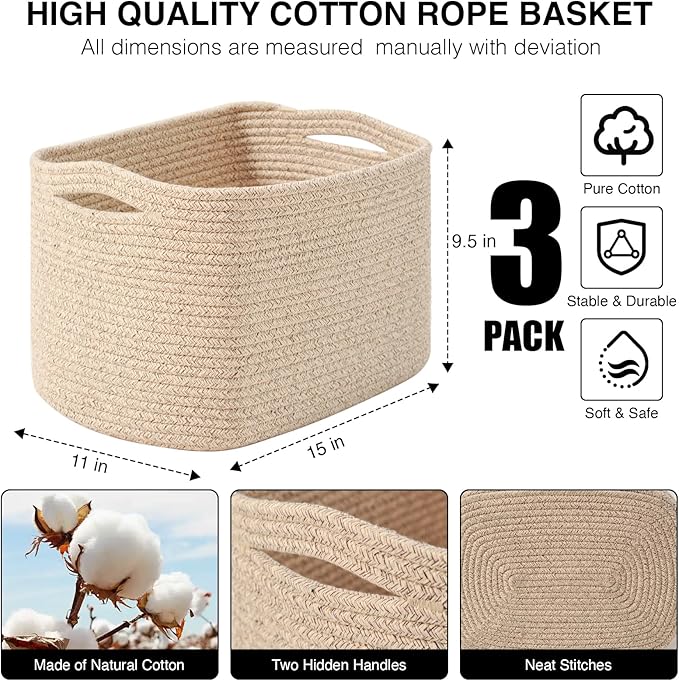 Decorative Storage Baskets for Organizing Shelves, Toy Basket for Nursery, Woven Cotton Rope Baskets for Decor, Towel Basket for Bathroom, 15"x11"x9.5", 3 Packs, Brown-Ruum Studio Home