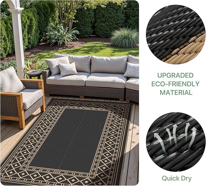 GENIMO Outdoor Rug Waterproof 9'x12' for Patio, Foldable Reversible Plastic Straw Carpet for Travel Trailers, Outside Area Mat for Rv, Deck, Picnic, Porch, Camper, Balcony, Beach, Black & Brown-Ruum Studio Home