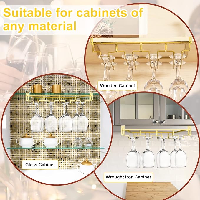 AUHOKY Adjustable Wine Glass Holder Under Shelf, Nail Free Metal Stemware Holder Storage Hanger, Hanging Wine Glasses Rack Organizer Under Cabinet Mount for Bar Kitchen (4 Rows, Gold)-Ruum Studio Home
