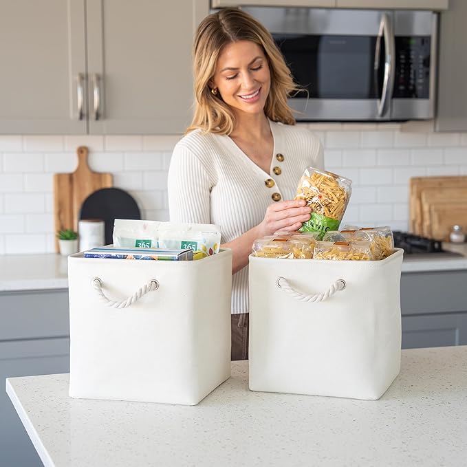 OrganiHaus 11x11 Cube Storage Bins 4 Pack, Foldable Cube Storage Organizer w/ Rope Handles, Collapsible Fabric Bins for Toys, Clothes & Closet Organization, Fabric Square Baskets - Off-White-Ruum Studio Home