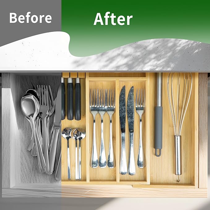 VaeFae Bamboo Kitchen Drawer Organizer, Wooden Utensil Tray with Multiple Compartments, Cutlery and Silverware Storage-Ruum Studio Home
