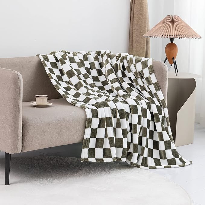 LOMAO Throw Blankets Flannel Blanket with Checkerboard Grid Pattern Soft Throw Blanket for Couch, Bed, Sofa Luxurious Warm and Cozy for All Seasons (Dark Olive, 90"x90")-Ruum Studio Home