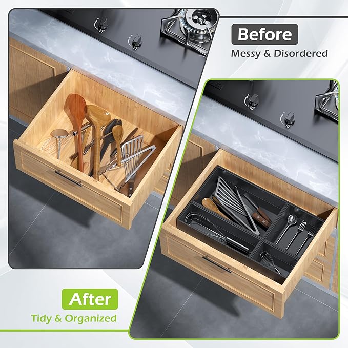 Bathroom Drawer Organizer Trays, Bamboo Drawer Organizer Kitchen Utensils Silverware Organizer, 8 PCS Wood Box Stackable Bins for Makeup, Office Desk, Junk Drawer (Black)-Ruum Studio Home