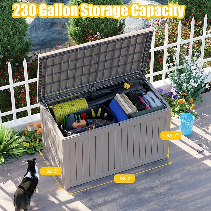 XXL 230 Gallon Large Resin Deck Box, Lockable Outdoor Storage Box for Patio Cushions Storage Furniture,Garden Tools, Pool Supplies, Weatherproof and UV Resistant- Grey (230 Gallon)-Ruum Studio Home