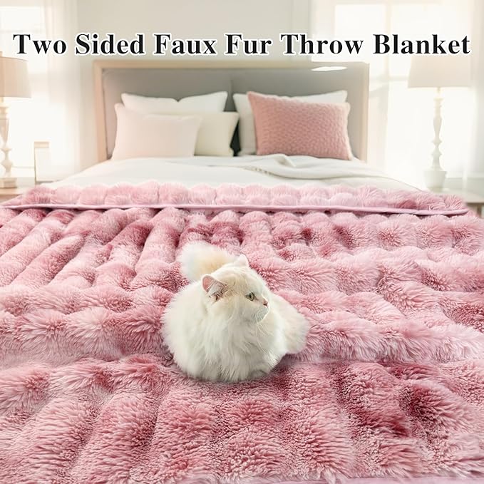 Bcareself Faux Fur Blanket Two Sided Ultra Soft Fluffy Reversible Fuzzy Throw Blanket for Women Men Double Sided Ombre Faux Luxe Faux Fur Thick Minky Blanket for Couch Bed-Ruum Studio Home