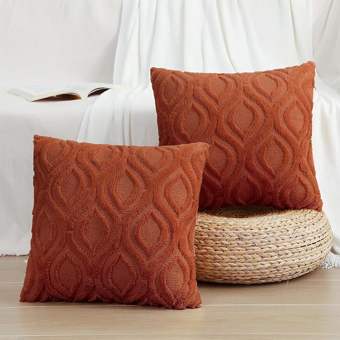 decorUhome Fall Throw Pillow Covers 26x26 Inch Set of 2, Soft Plush Decorative Faux Fur Rust Solid Couch Pillow Covers, Accent Farmhouse Neutral Square Euro Pillow Cases for Sofa Bed Living Room-Ruum Studio Home