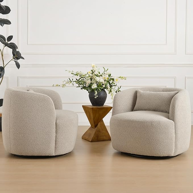 KINWELL 34" Wide Sherpa Swivel Barrel Chairs Set of 2, No Assembly Round Boucle Upholstered Accent Chairs Armchairs Single Sofa Chair with Toss Pillow for Living Room and Bedroom, Taupe-Ruum Studio Home