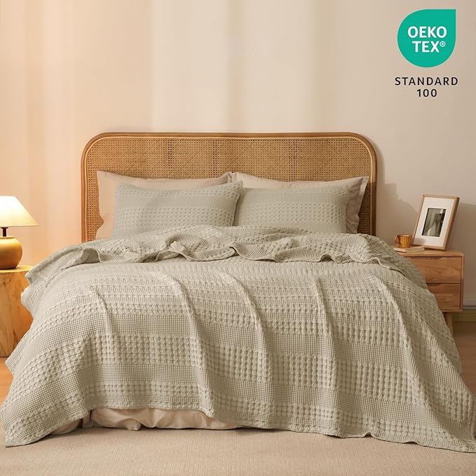 PHF 100% Cotton Waffle Weave Blanket King Size, Soft Lightweight Breathable Cozy Summer Blankets for Bed, Luxury Aesthetic Woven Bedding for Home Decor, 108"x90", Khaki-Ruum Studio Home