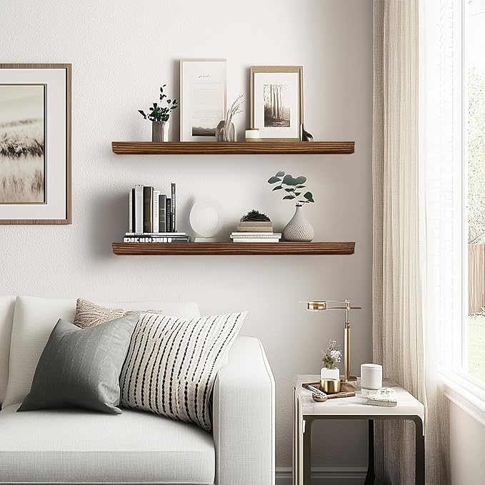 24"x6.8"x1.2" Solid Wood Floating Shelves 2-Pack - Rustic Brown Finish with Hidden Brackets, Perfect for Storage and Décor in Living Room, Kitchen, Bedroom-Ruum Studio Home
