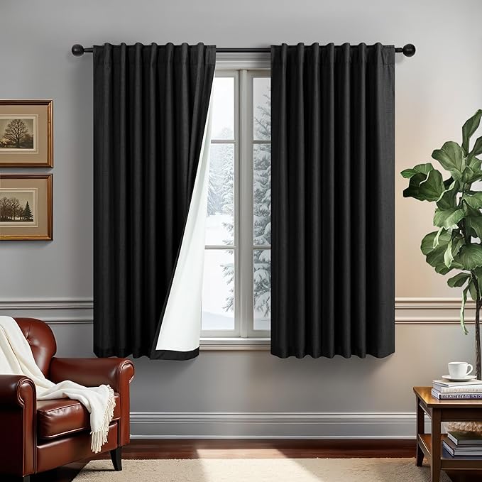 54 Inch Curtains Length 2 Panels Set 100% Blackout Modern Black Out Linen Drapes with White Back Tab Room Darkening Insulated Thermal Short Sundown Solar Curtains for Bedroom Noise Reducing Reduction-Ruum Studio Home