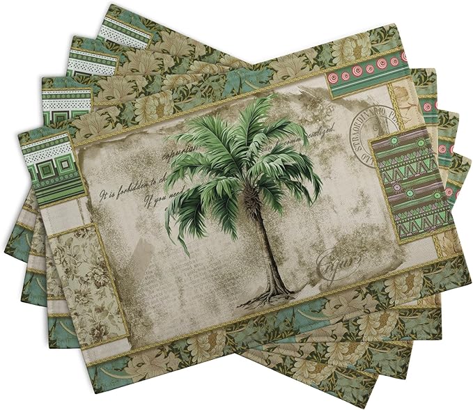Tropical Palm Tree Placemats Set of 4 Summer Vintage Green Leaf Kitchen Table Mat 12x18 Inch Hawaii Beach Jungle Plant Tree Heat Resistant Washable Linen Place Mats for Dining Tables-Ruum Studio Home