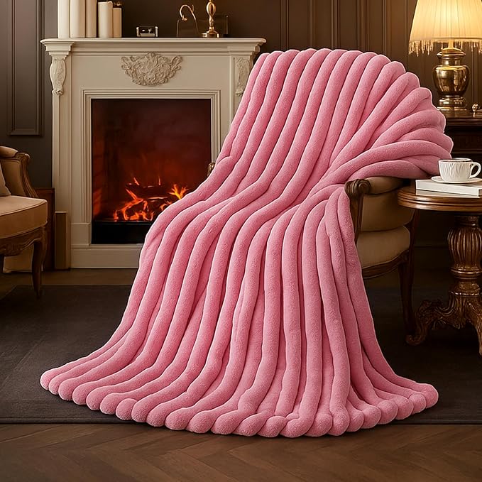 Amélie Home Faux Fur Throw Blanket for Couch, Cozy Fuzzy Fluffy Fur Luxurious Soft Striped Plush Gift Blankets for Family Sofa Chair Bed Living Room Bedroom, 55"x70", Pink-Ruum Studio Home