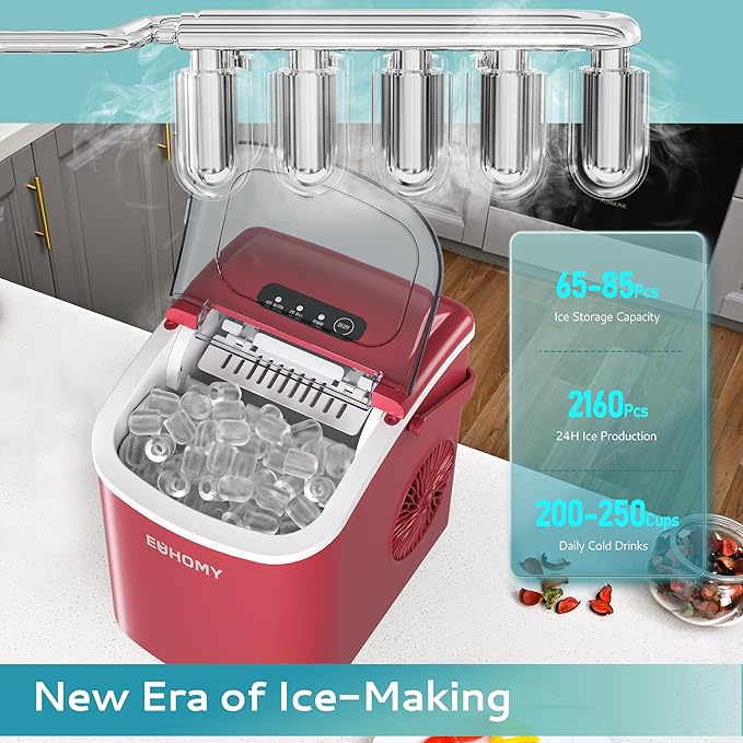 EUHOMY Countertop Ice Maker Machine with Handle, 26lbs Per Day, 9 Ice Cubes Ready in 6 Mins, Auto-Cleaning Portable Ice Maker with Basket and Scoop, for Home/Kitchen/Camping/RV (Red)-Ruum Studio Home