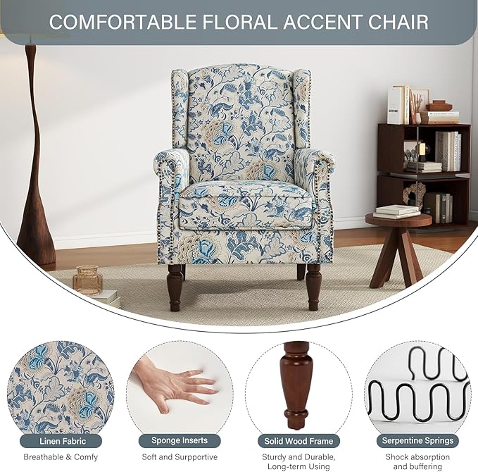 UIXE High Back Floral Accent Chair, Fabric Upholstered Armchair for Living Room, Retro Printed Wingback Arm Chair Nailhead Trim Single Sofa Bedroom Reading Seat - Boho Blue-Ruum Studio Home
