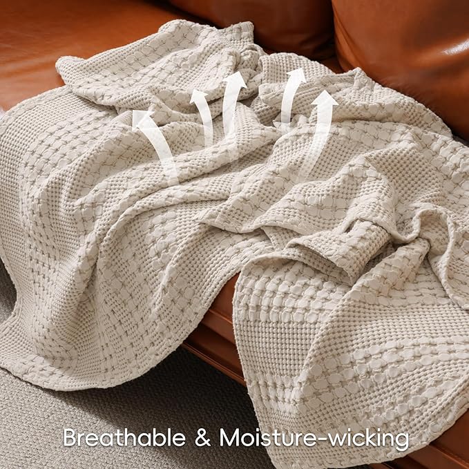 PHF 100% Cotton Waffle Weave Blanket Queen Size, Soft Lightweight Breathable Cozy Summer Blankets for Bed, Luxury Aesthetic Woven Bedding for Home Decor, 90"x90", Oatmeal-Ruum Studio Home