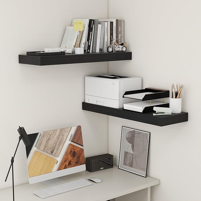 Deep Floating Shelves for Wall, 12'' Deep Large Floating Shelves Set of 2, 36 Inch Distressed Black Wood Shelves for Living Room Bathroom Laundry Room Bedroom Kitchen Home Office - Black-Ruum Studio Home