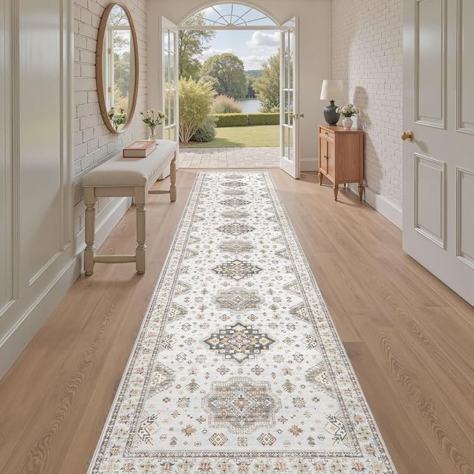 Washable 2.6x14 Runner Rug - Area Rugs Neutral Vintage Distressed Floral Farmhouse Boho Large Soft Floor Rug Indoor Carpet for Hallway Entryway Home - Blue Brown-Ruum Studio Home