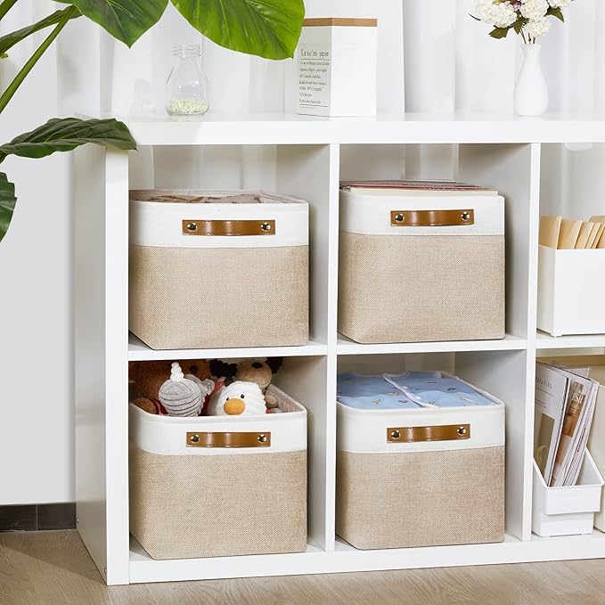 DULLEMELO Fabric Storage Bins for Laundry, Home, Foldable Storage Baskets for Shelves, Toys, Collapsible Storage Bins for Office, Closet,Bedroom(White&Khaki,15"x11"x9.5",4-Pack)-Ruum Studio Home