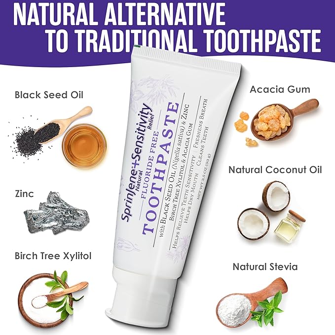 SprinJene Fluoride Free Toothpaste for Sensitive Teeth & Gum Fresh Breath Helps Dry Mouth Natural Non Fluoride Toothpaste for Adult SLS Free, Toxic Preservative Free with Black Seed Oil & Zinc 2 Pack-Ruum Studio Home