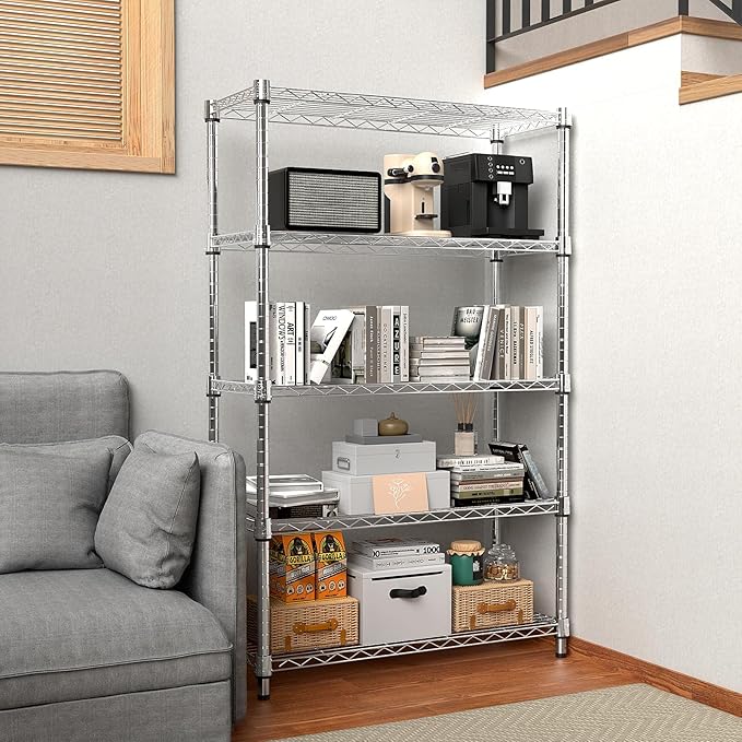 1250 lbs Steel Heavy Duty 5-Tier Utility Shelving Unit Steel Organizer Wire Rack for Home,Kitchen,Office,Chrome (13.7" D x 23.6" W x 62.4" H)-Ruum Studio Home