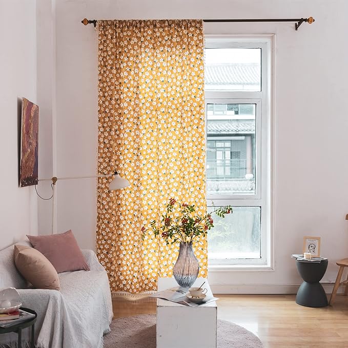 Sutuo Home Boho Curtain Semi-Blackout Yellow Florals Print Cotton Linen Fabric, Handmade Tassels Rod Pocket Bohemian Farmhouse Country Window Drapes for Living Bedroom, 59" W x 84" L, 1 Panel-Ruum Studio Home