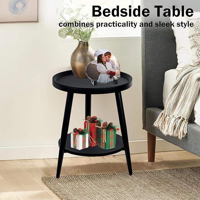 Small Round Side Table, 2-Tier Mid Century Modern Side Table, Round End Table Small Side Table for Living Room, Metal Frames, Black-Ruum Studio Home