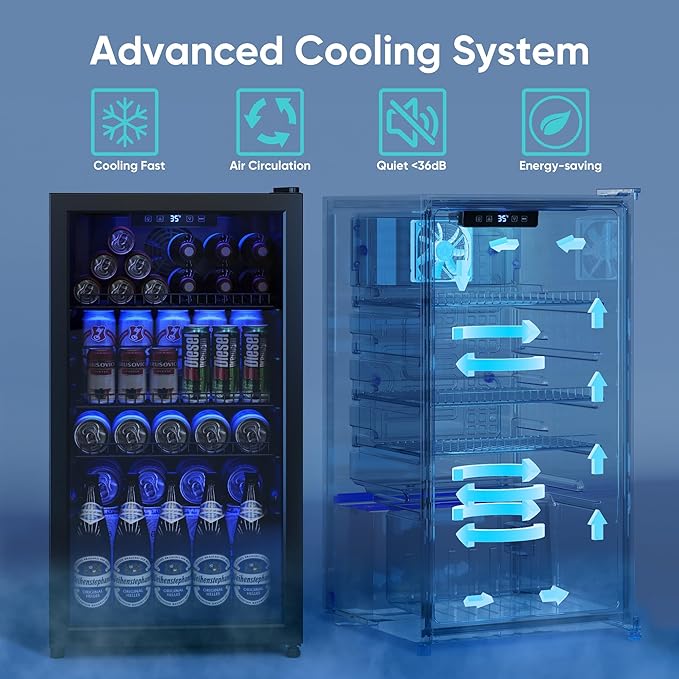 Beverage Fridge, 130 Can Mini Fridge With Glass Door, Beverage Cooler Refrigerator, Wine Drink Beer Cooler, Adjustable Shelves & Digital Temperature Display-Ruum Studio Home