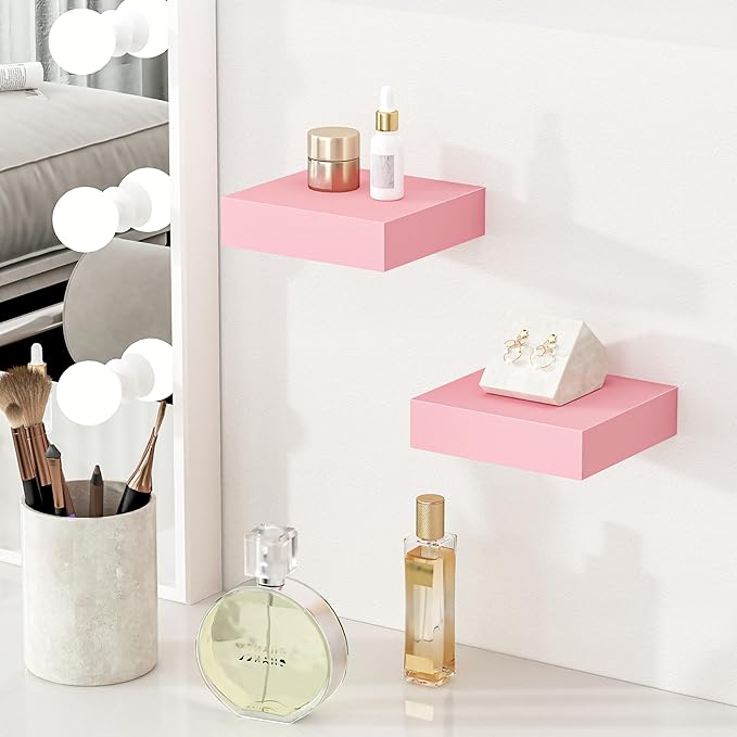 BAMEOS Pink Floating Shelves for Wall, 6" x 6" Wall Shelves for Room, Floating Book Shelves, Hanging Shelves for Bedroom, Bedroom, Living Room, Kitchen (Set of 2)-Ruum Studio Home