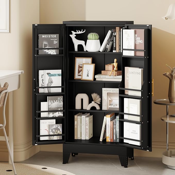51" Kitchen Pantry Cabinet, Metal Storage Cabinet with 3 Adjustable Layer Shelves, 8 Door Shelves, Buffet Sideboard for Living Room, Kitchen, Black-Ruum Studio Home