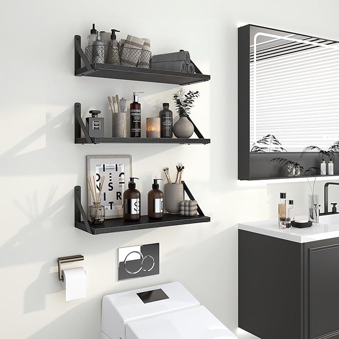 Heimlove Floating Shelves for Wall, 16 Inch Long Wood Floating Shelves Set of 3, Wall Mounted Hanging Shelf for Bathroom Bedroom Kitchen, Black-Ruum Studio Home