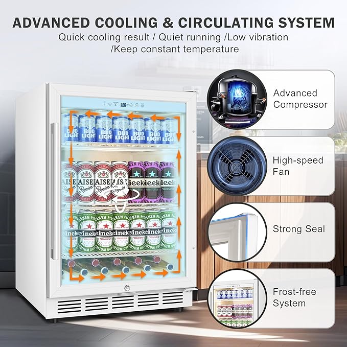Beverage Refrigerator 24 Inch Drink Fridge, Beer Fridge, 150 Cans Beverage Cooler, Under Counter Refrigerator, Drink Cooler Undercounter Outdoor Refrigerators, Single Glass Door Bar Fridge-Ruum Studio Home