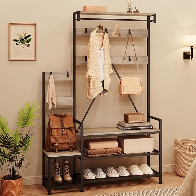 IDEALHOUSE Hall Tree with Bench and Shoe Storage Parent-Child Coat Rack Shoe Bench Industrial Coat Tree Entryway Large Organizer with Shoe Rack, Storage Cubbies, Hooks, and Top Shelf-Ruum Studio Home