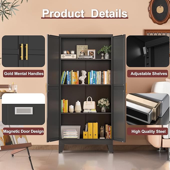Metal Pantry Cabinet with 2 Doors and Adjustable Shelves, Kitchen Storage cabinets with Gold Handles, Versatile Storage for Laundry Room,Living Room,Bathroom,Dinning Room-Black-Ruum Studio Home