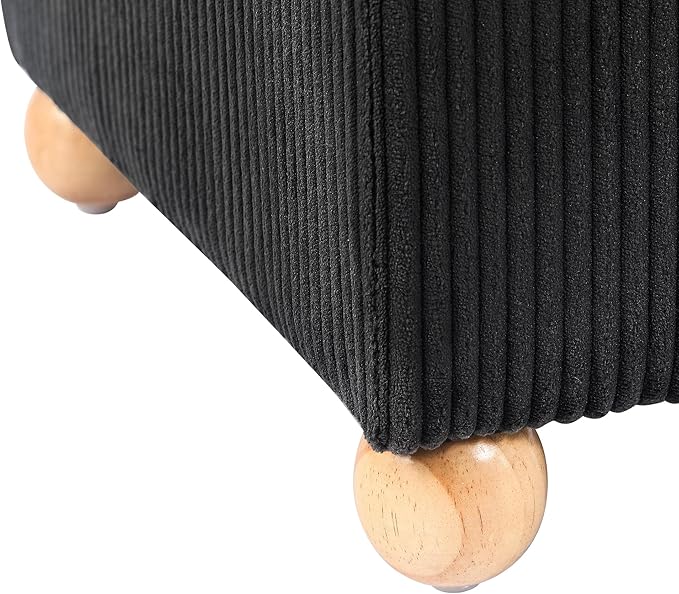Adeco 17 Inch High Striped Flannel Black Cube Ottoman Storage, 3D Embossed Velvet Chair Foot Stools, Upholstered Vanity Stool with Hinged Lid, Solid Round Wood Legs-Ruum Studio Home