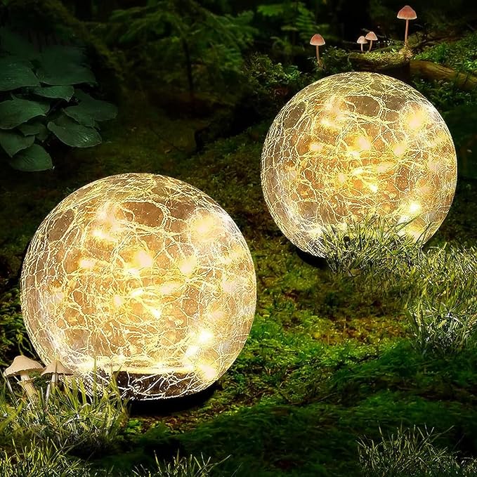 Garden Solar Ball Lights Outdoor Waterproof, 50 LED Cracked Glass Globe Solar Power Ground Lights for Path Yard Patio Lawn, Christmas Decoration Landscape Warm White(2 Pack 4.7'')-Ruum Studio Home