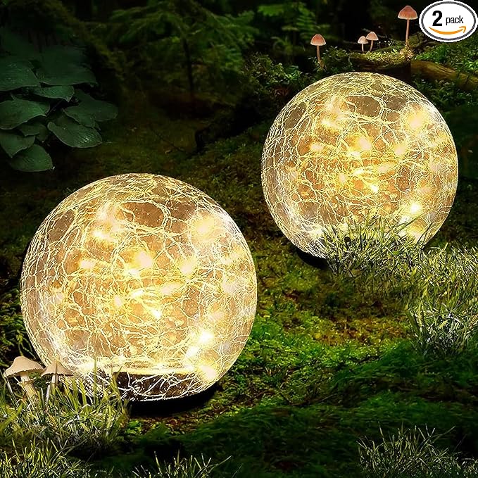 Garden Solar Ball Lights Outdoor Waterproof, 80 LED Cracked Glass Globe Solar Power Ground Lights for Path Yard Patio Lawn, Christmas Decoration Landscape Warm White(2 Pack 5.9'')-Ruum Studio Home