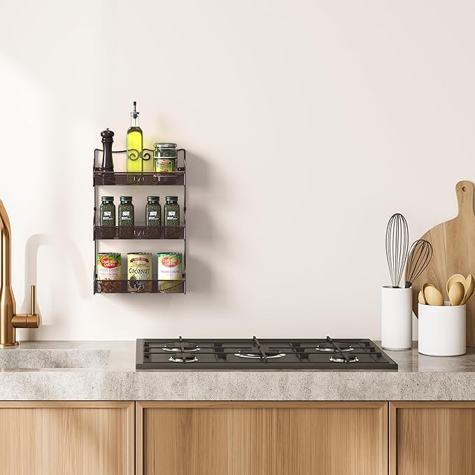 Deco Brothers 3 Tier Wall Mounted Hanging Spice Rack, Bronze-Ruum Studio Home