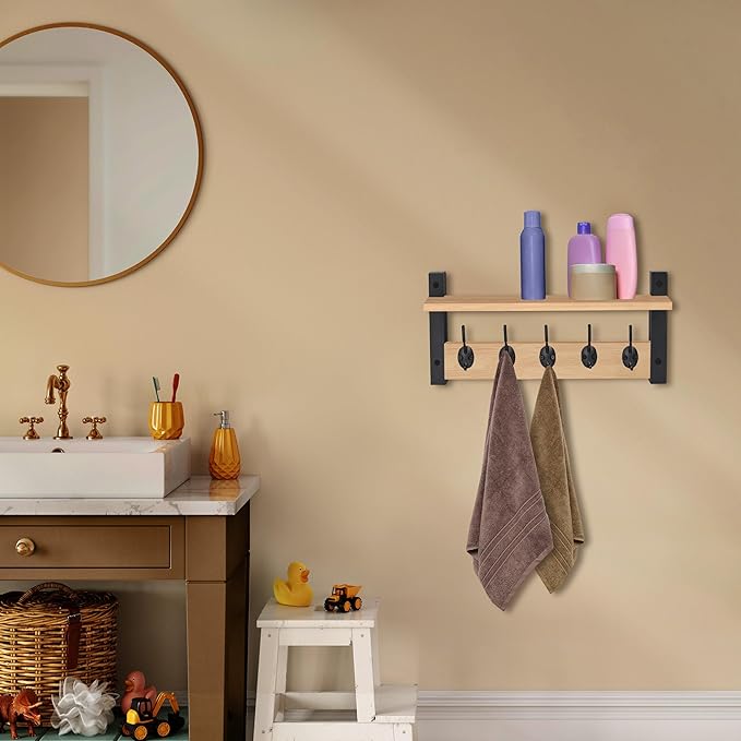 Sorbus Coat Hooks Wall Mount with Shelf – 16 Inch Coat Rack Wall Mount with 5 Heavy Duty Hooks – Floating Wall Shelf with Hooks for Entryway, Bathroom, Bedroom, Kitchen, or Mudroom (Maple Wood)-Ruum Studio Home