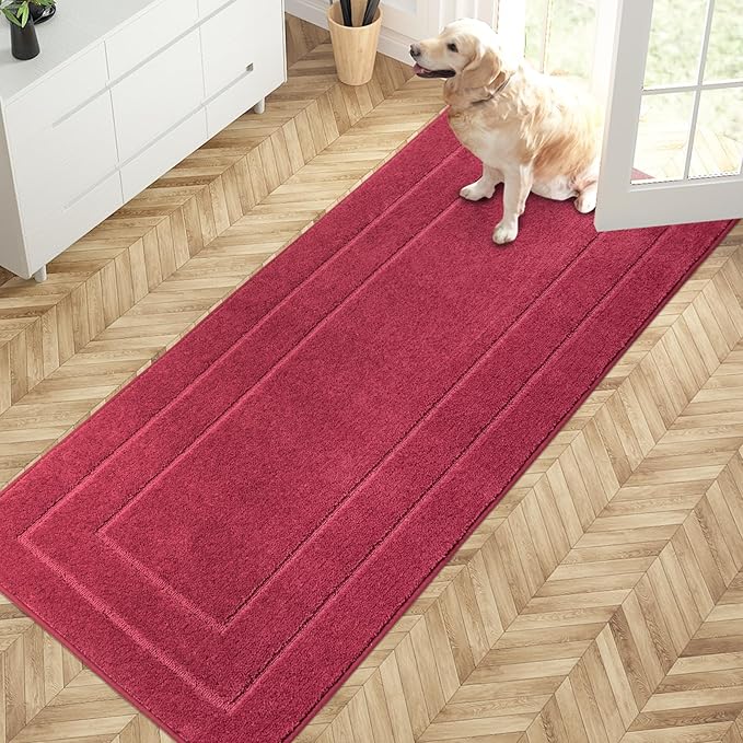 PURRUGS Dirt Trapping Door Mat 32" x 70", Non-Slip/Skid Machine Washable Entryway Rug, Dog Doormat, Super Absorbent Welcome Mat for Muddy Wet Shoes and Paws, Burgundy Red-Ruum Studio Home