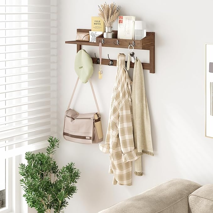 AMBIRD Wall Hooks with Shelf 26.57inch Entryway Wall Hanging Shelf Wood Coat Hooks for Wall with Shelf Coat Rack Wall Mount Rack with 5 Dual Hooks 3 Key Hooks Mail Organizer and Key Rack Key Holder-Ruum Studio Home
