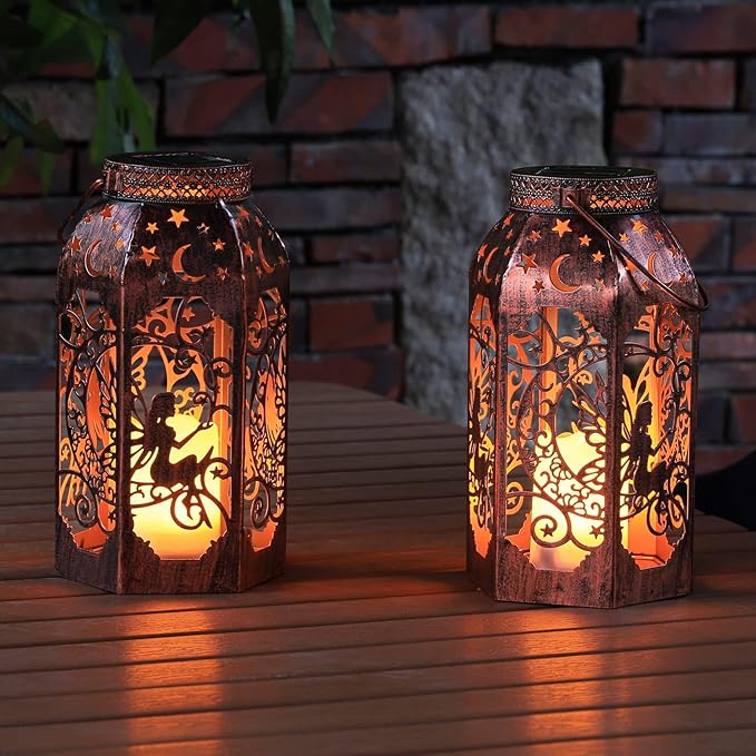 Solar Lanterns Outdoor Garden Hanging Lantern Waterproof LED Metal Bronze Moon Fairy Lantern Waterproof Flickering Flameless Candle Mission Lights for Table,Patio,Mother's Day Gift(2Pack)-Ruum Studio Home