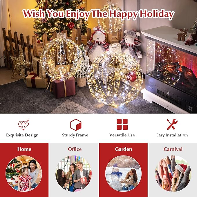 Tangkula Christmas LED Light Balls for Tree (3 Pack), Outside Lighted Sphere with 180 Warm White & 180 Cold White Lights, Holiday Lighted Decorations, Christmas Sphere Balls for Indoor Outdoor Decor-Ruum Studio Home