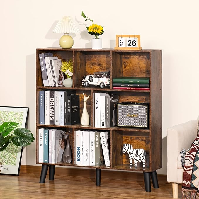 LEYAOYAO 8 Cube Bookshelf,3 Tier Bookcase with Legs,Rustic Brown Mid-Century Modern Bookshelves,Large Open Storage Organizer Shelf, Wooden Book Case-Ruum Studio Home